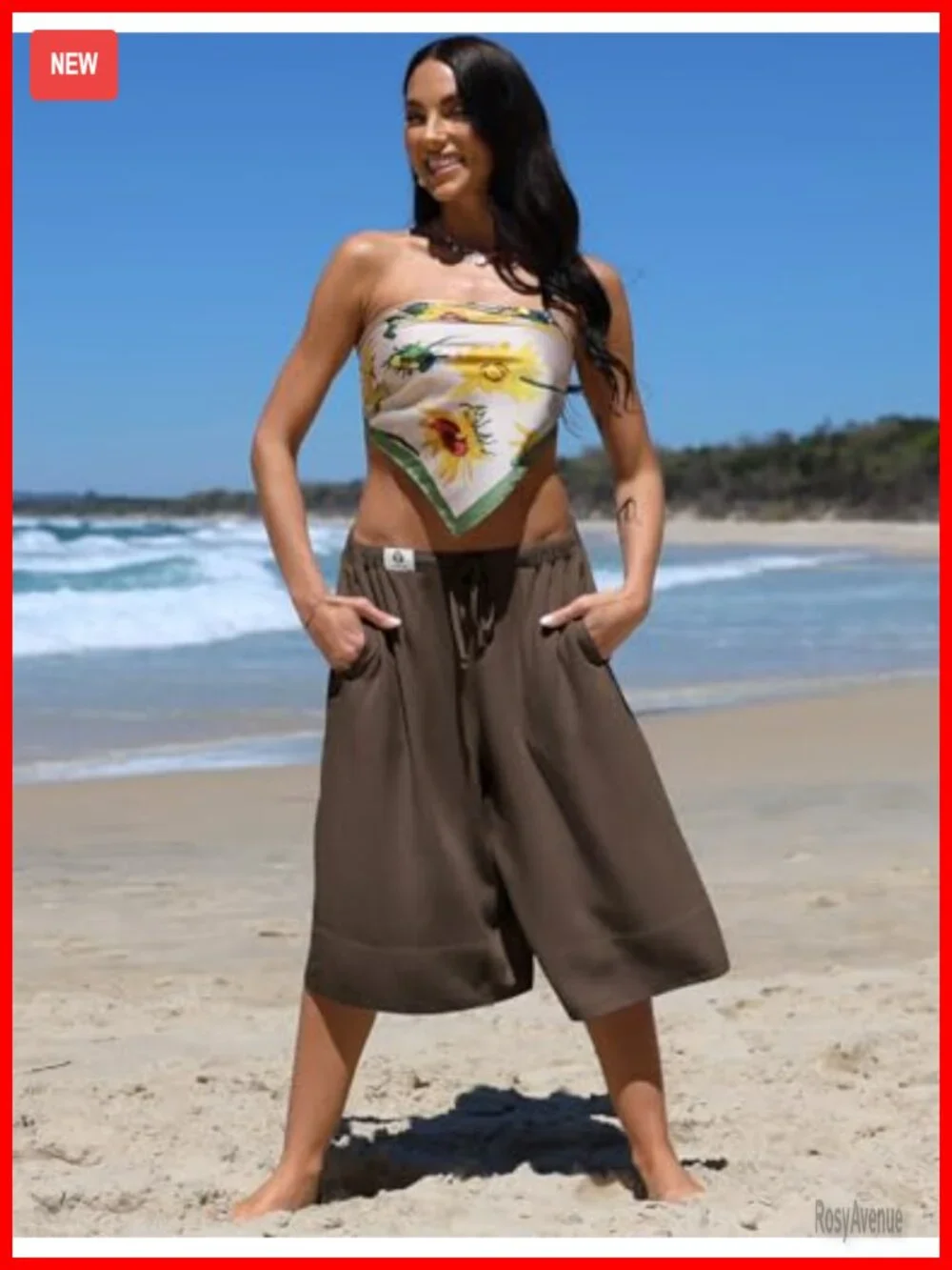 Linen Capri Pants Wide Leg Drawstring Elastic Waist with Pocket Summer Culottes